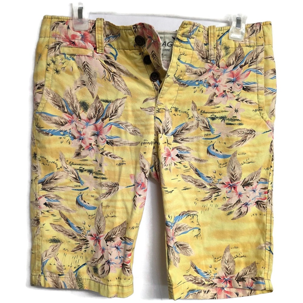 JET LAG Shorts Mens 32 Yellow Floral Hawaiian Canvas Chino Button Fly Beach